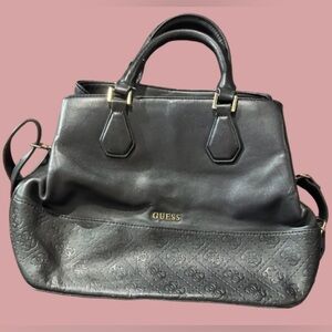 GUESS Black Embossed Logo Satchel Shoulder Bag Purse Gold Hardware